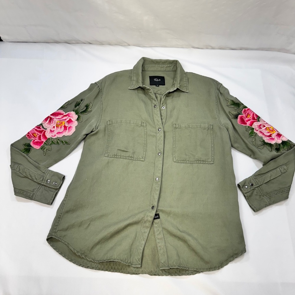 Rails Marcel Shirt Womens XS Sage Green Floral Embroidered Linen Blend Boho - Picture 4 of 14